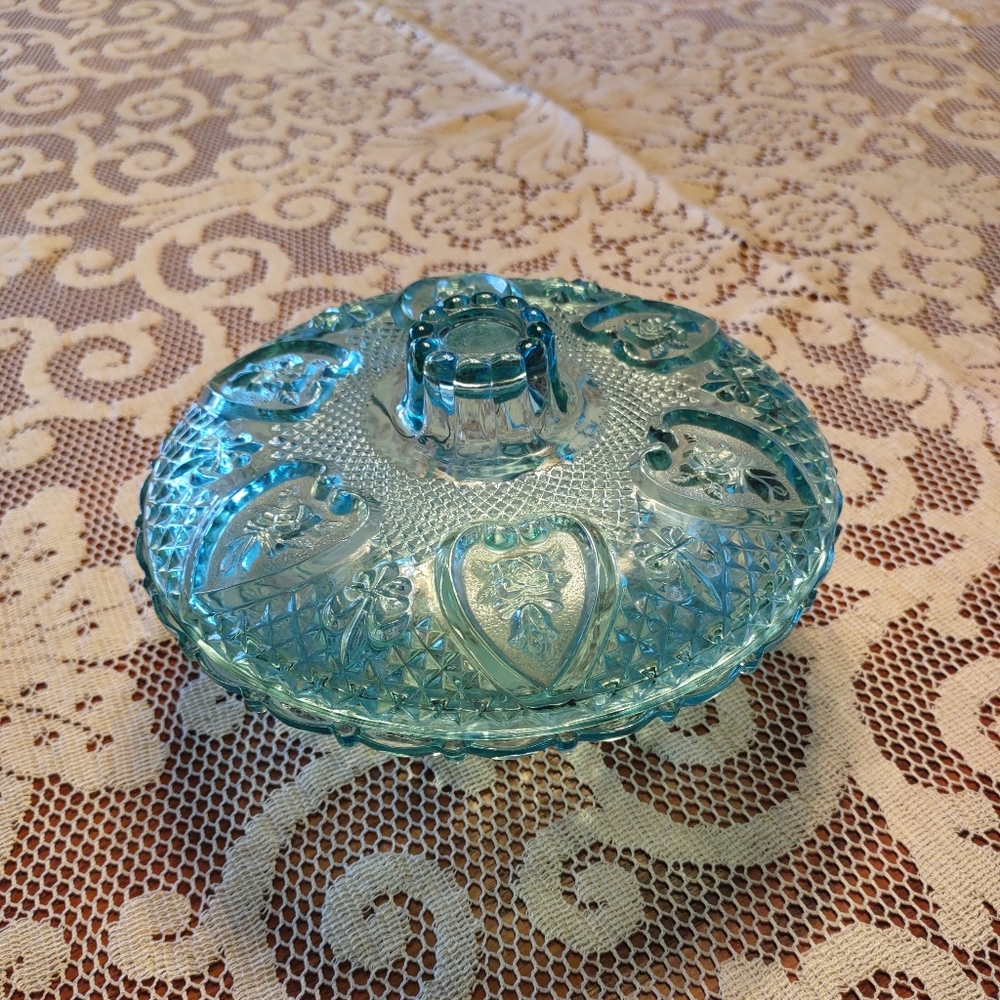Vintage design Aqua Blues Heart  Cut Glass Candy Dish.
